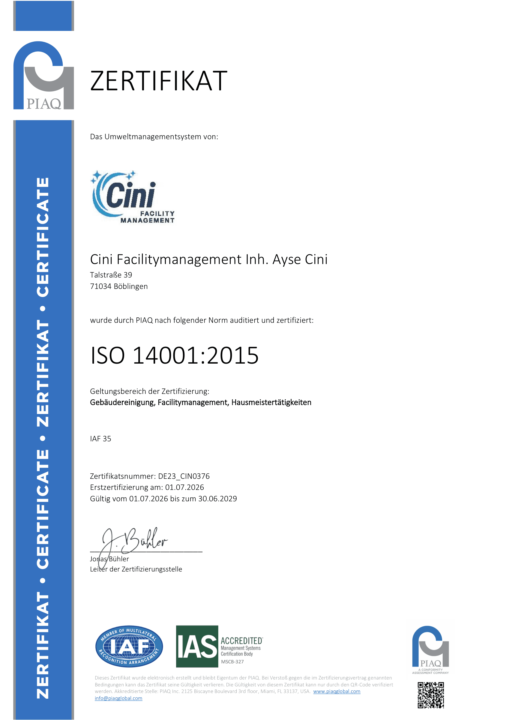 ISO 14001:2015 Zertifikat