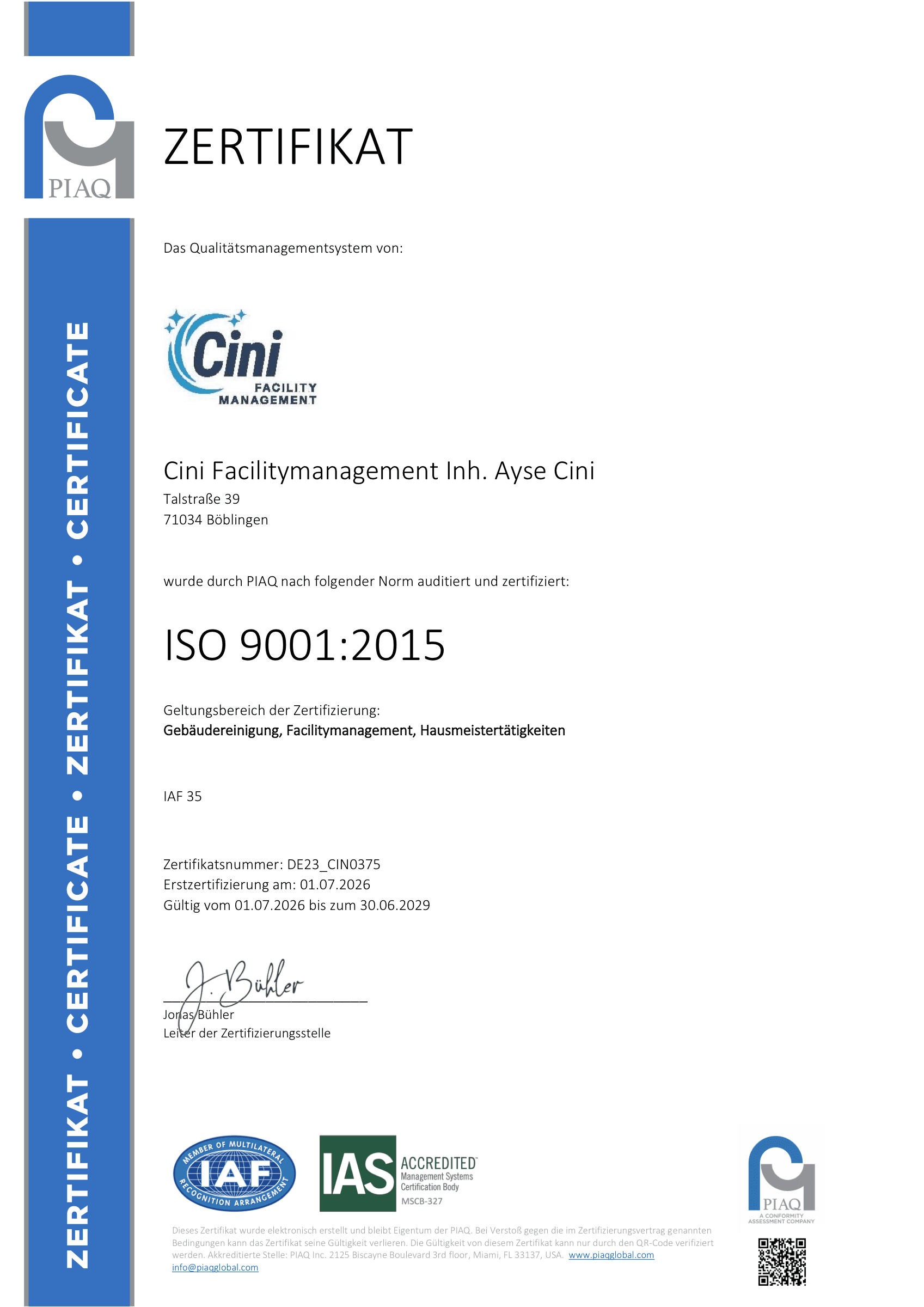 ISO 9001:2015 Zertifikat